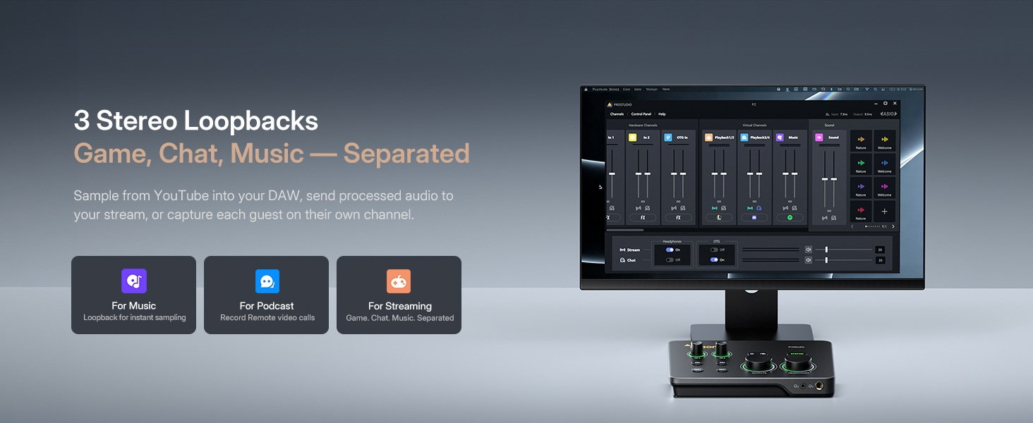 Musician Podcaster streamer using 3 stereo loopbacks of P2 audio interface