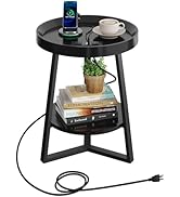 WLIVE Round End Table with Charging Station, Small Round Coffee Table, 2 Tier Side Table for Livi...