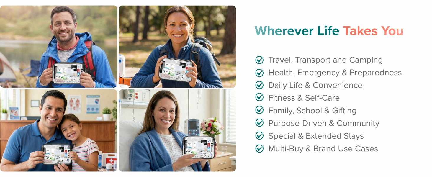 Travel toiletry kit shown in different environments including indoor, outdoor, and travel scenes.