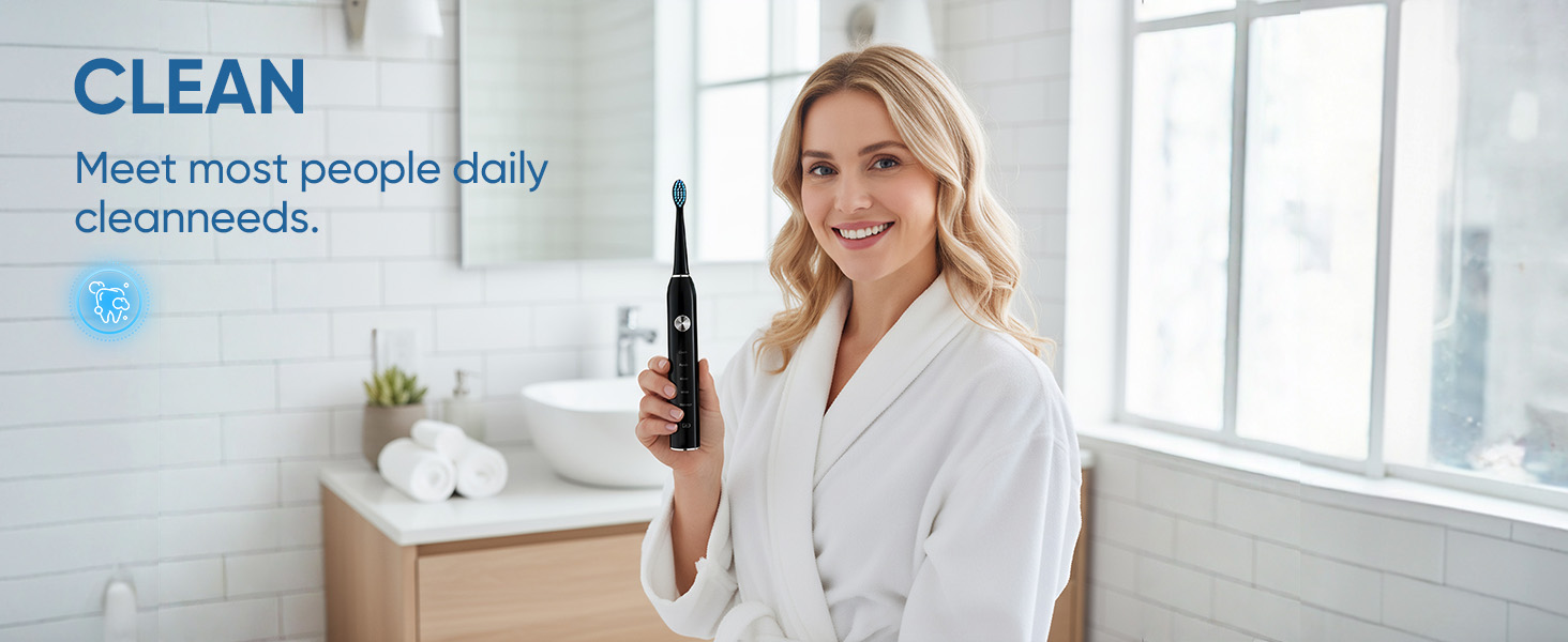 Text reads: 'CLEAN' and 'Meet more people daily' and 'cleanneeds.' Advertisement showing cordless cleaning device in bright, modern bathroom setting.