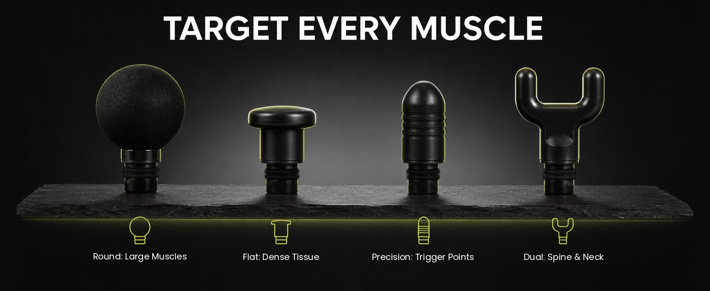 Four massage heads: Round, Flat, Precision and Dual, with 22 lb stall force at 2600 RPM
