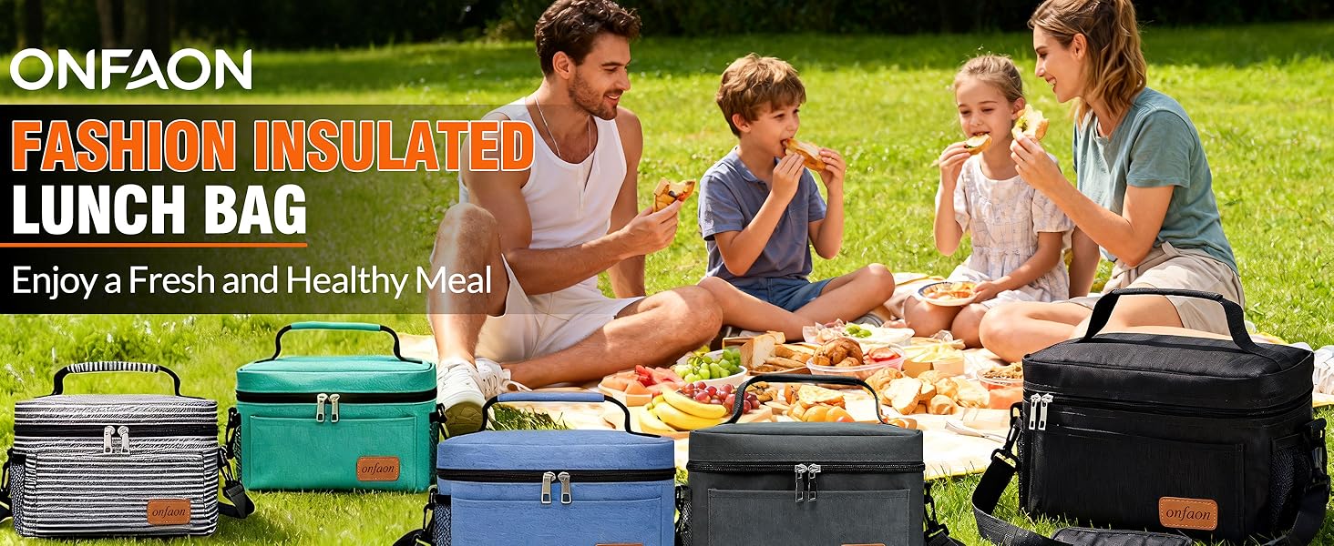 Family picnic outdoors using ONFAON insulated lunch bag, keeping food fresh and cool