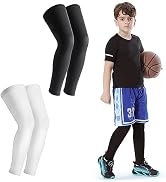 Arm sleeves for sports: black and white pairs shown. Boy wearing black shirt, blue basketball shorts with number 31, and black leg sleeves, holding a basketball.