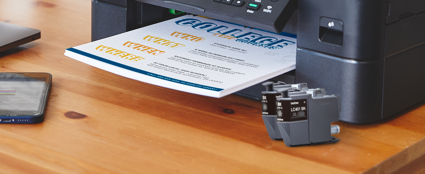 LC401 ink cartridges in front of Brother printer