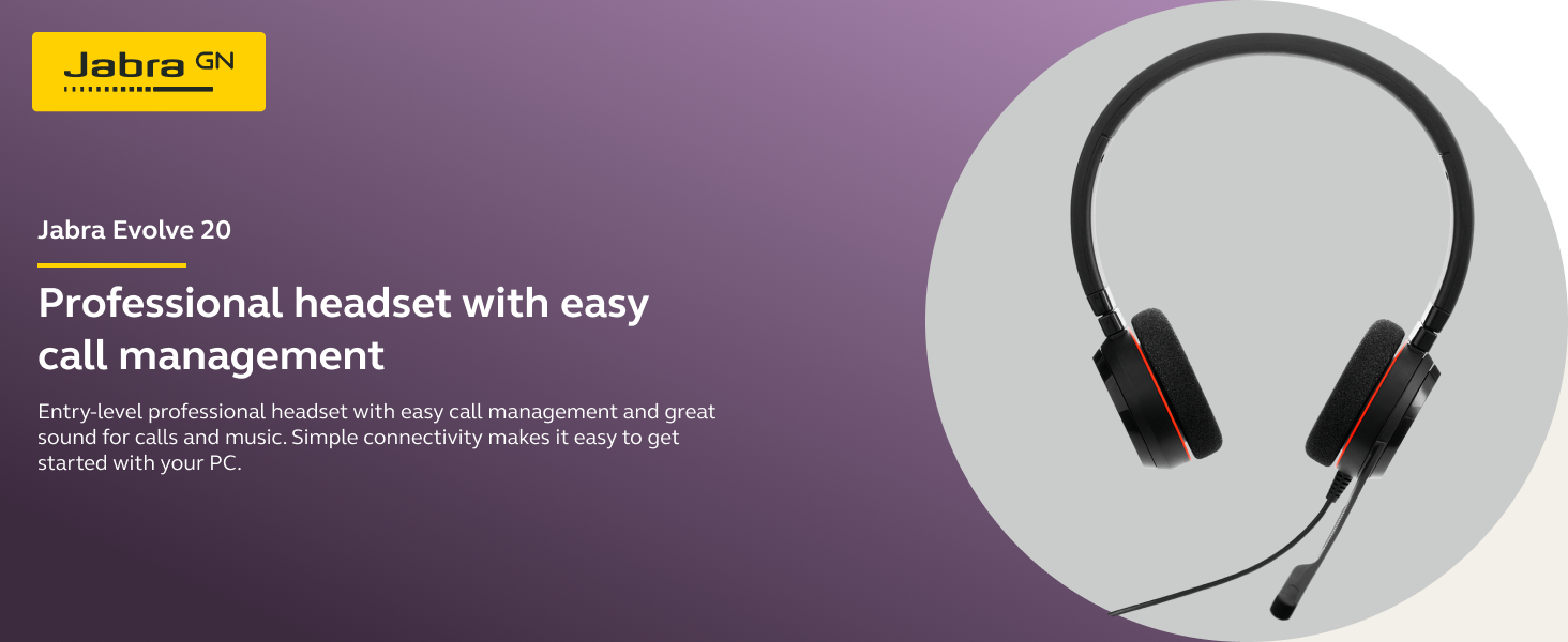 Jabra Evolve 20, Professional corded headset USB headset, Call control headset,, On-ear headband