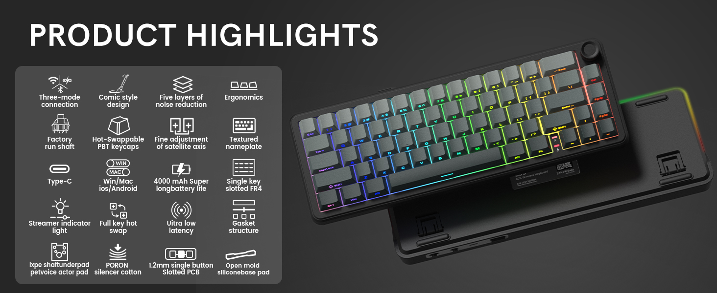 60 Mechanical Keyboard Wireless with Knob, Black Gaming Keyboard,USB-C/BT5/2.4G RGB Hot Swappable