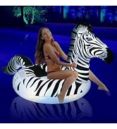 Inflatable Zebra Pool Float with Lights, FlyfreeU Solar Swimming Pool Floats, Large Lake Floats B...