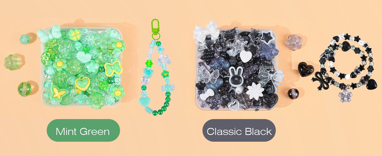 green beads charms and black white bead charms