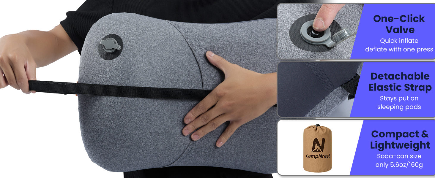 Camping pillow with one-click valve, elastic strap, and compact carrying pouch