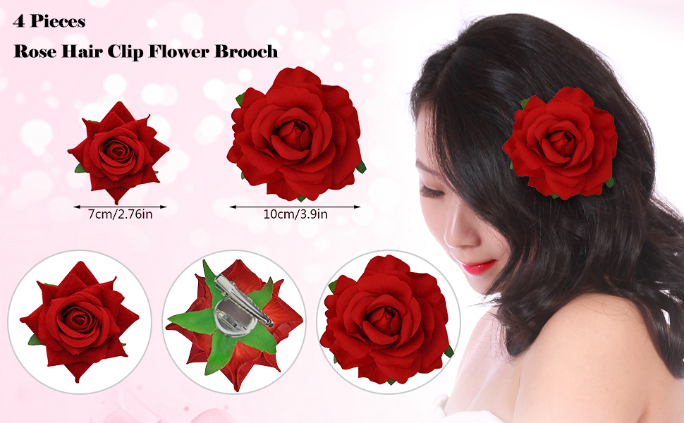 4 Pcs Fabric Rose Flowers Hair Clips Mexican Hair Flowers Pin up Headpieces for Woman Girls