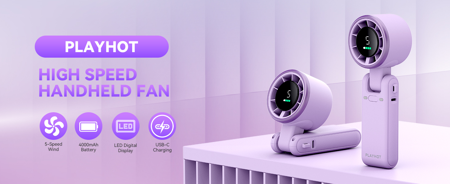 Purple handheld fan rechargeable LED digital display 4000mAh personal fan mini fan USB C charging
