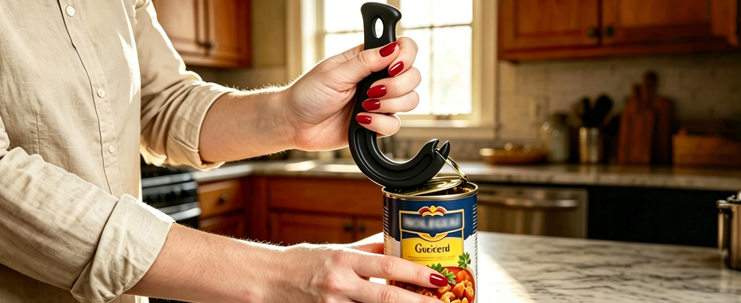 Black ring pull can opener lifting soda tab to protect manicured nails and prevent cuts.