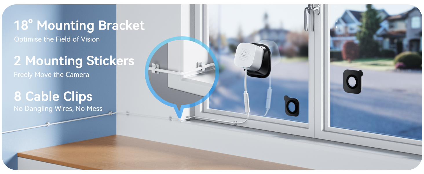 Installation diagram showing mounting components labeled: 'Mounting bracket', 'Mounting sticker', 'Cable Clips'. Blue mounting surface visible in background.