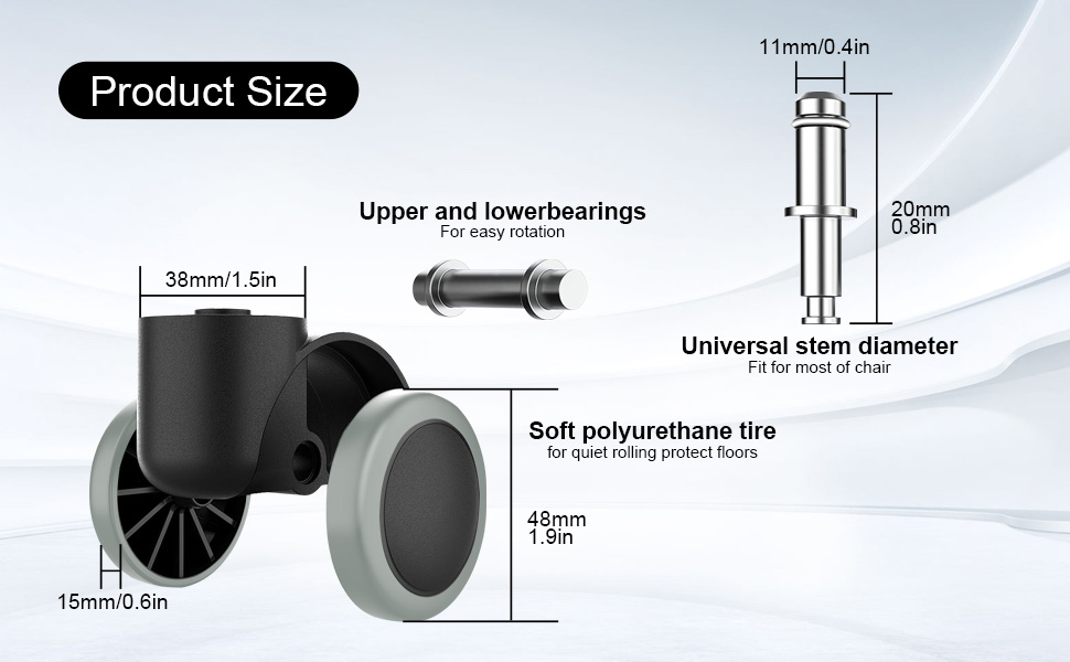 Product size diagram for caster wheel. Shows dimensions for upper/lower bearings, stem diameter, and soft polyurethane tire. Measurements in millimeters and inches.