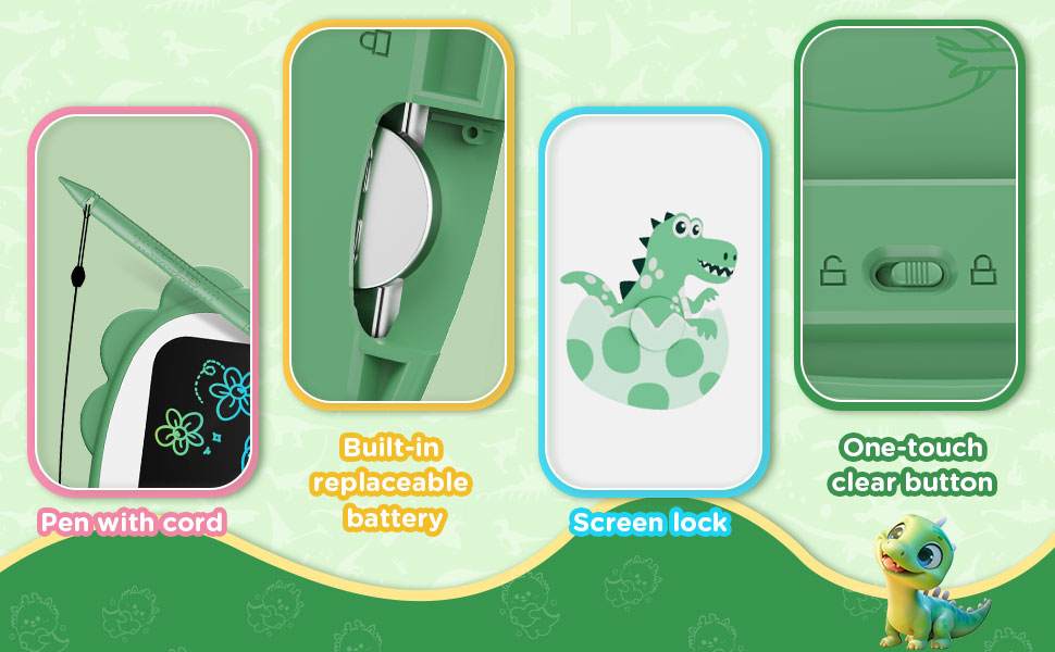 Infographic showing four features: pen with cord, built-in rechargeable battery, screen lock, and one-touch clear button, illustrated with green icons.