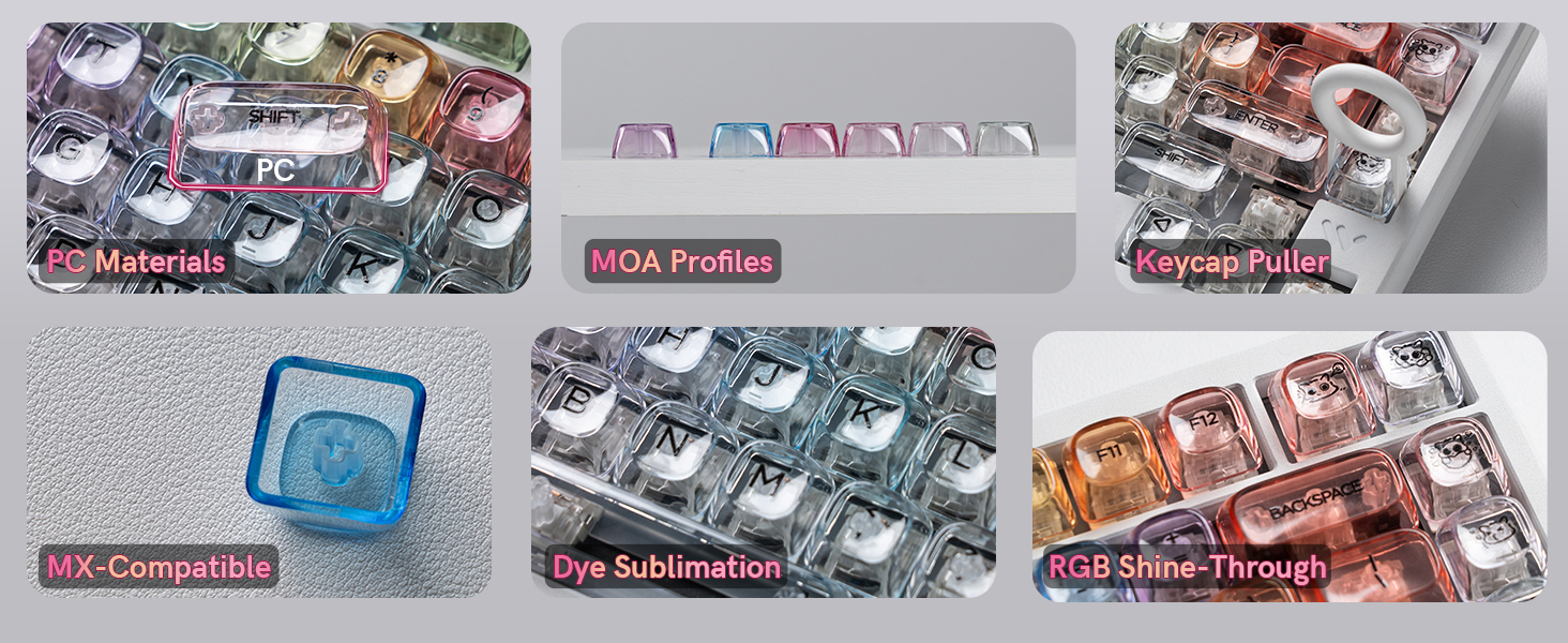PC Materials. MOA Profile, MX-Compatible, Dye Sublimation, RGB Shine-Through, Keycap puller