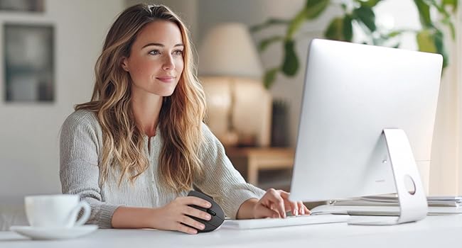Home office setting showing desktop computer setup with white monitor. Bright, naturally lit workspace with minimal desk accessories.