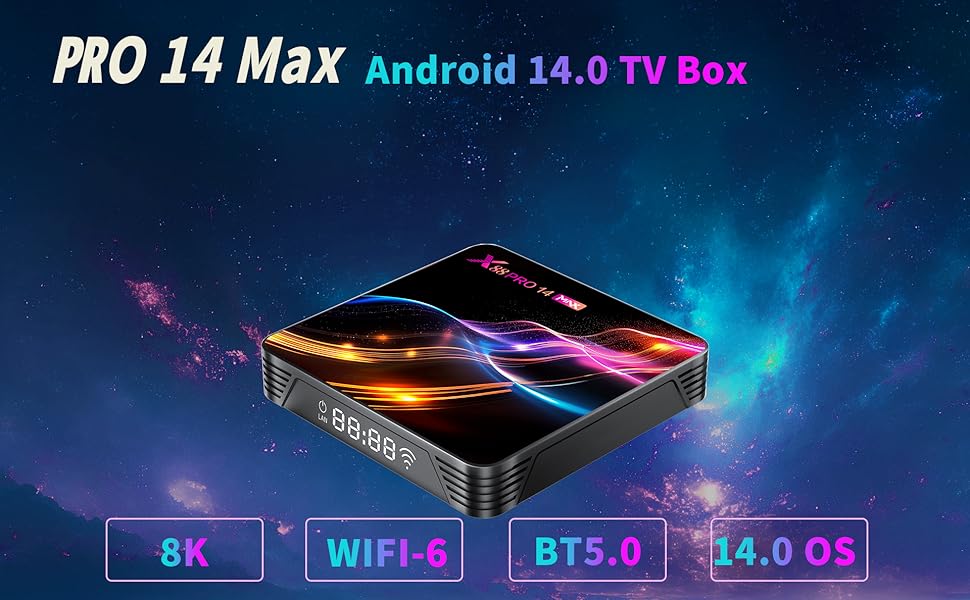 Text reads 'PRO 14 Max Android 14.0 TV Box', '8K', 'WIFI-6', 'BT5.0', '14.0 OS'. Product images of black TV box device against cosmic background.