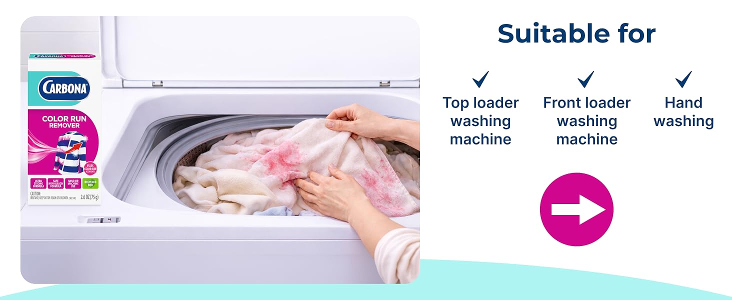 Carbona color run remover suitable for top load, front load, and hand wash laundry use