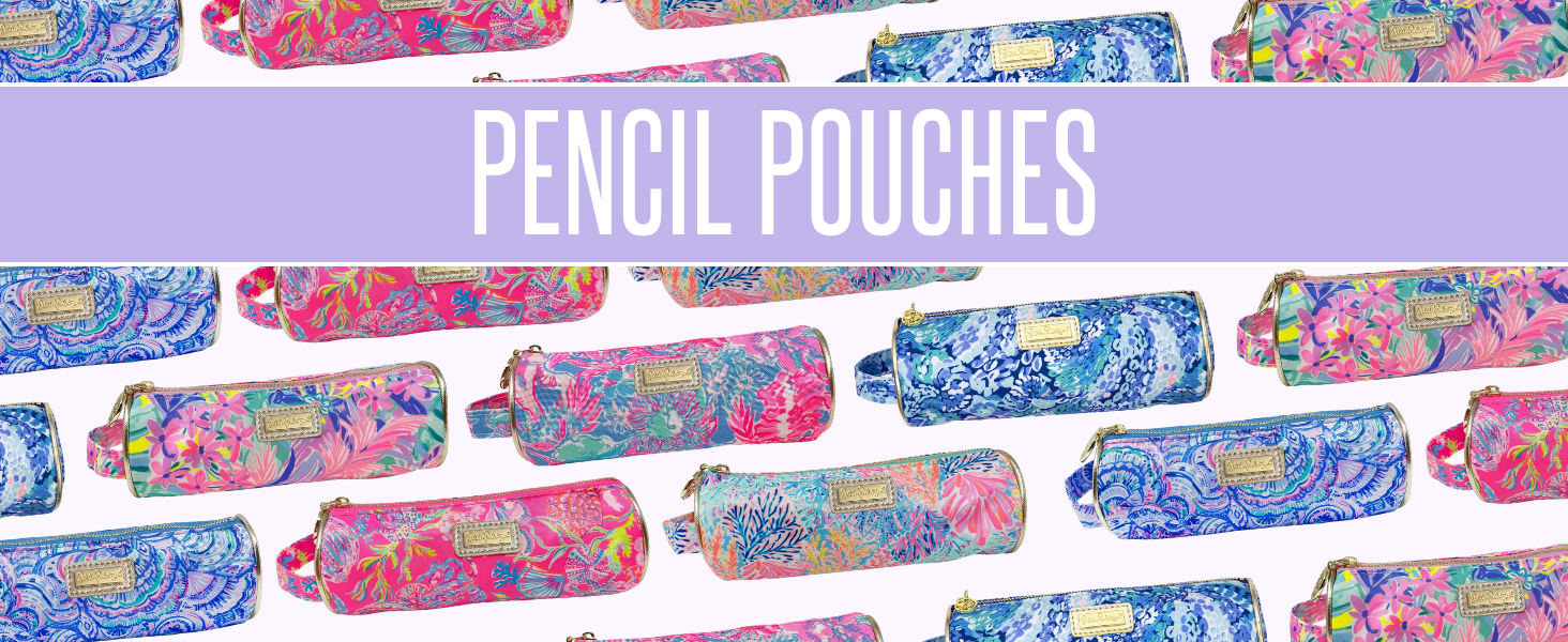 lilly pulitzer pencil pouch gold details zipper logo plaque carrying handle travel on the go