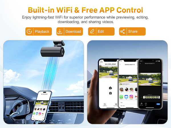 Text reads 'Built-in WiFi &amp; Free APP Control'. Split image showing dashboard-mounted device emitting blue light and smartphone interface displaying multiple camera views and controls.
