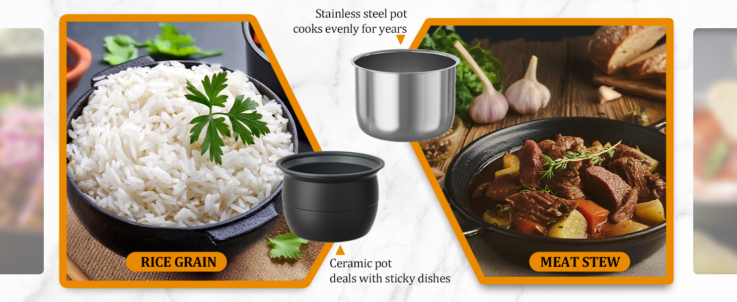 Ceramic pot conquers sticky disasters while stainless steel poy maintains perfect heat for decades