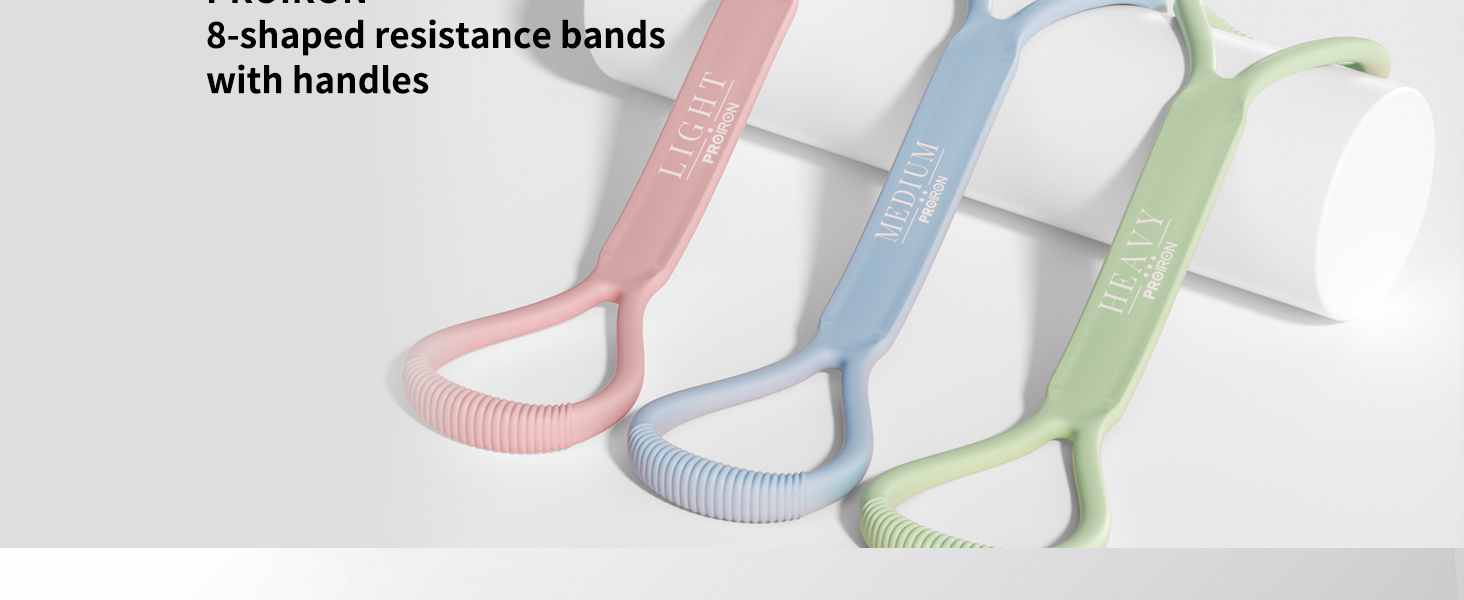 Text reads '8-shaped resisting bands with handles.' Multiple colorful resistance bands with handles arranged in overlapping pattern.