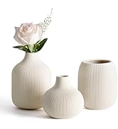 Dnnnii Modern Beige Ceramic Vase Set of 3 - Ribbed Texture Minimalist Vases for Neutral &amp; Transit...