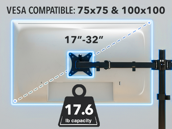 Fits 17–32 in monitors, VESA 75x75/100x100, 17.6 lb per arm on dual pole mount.