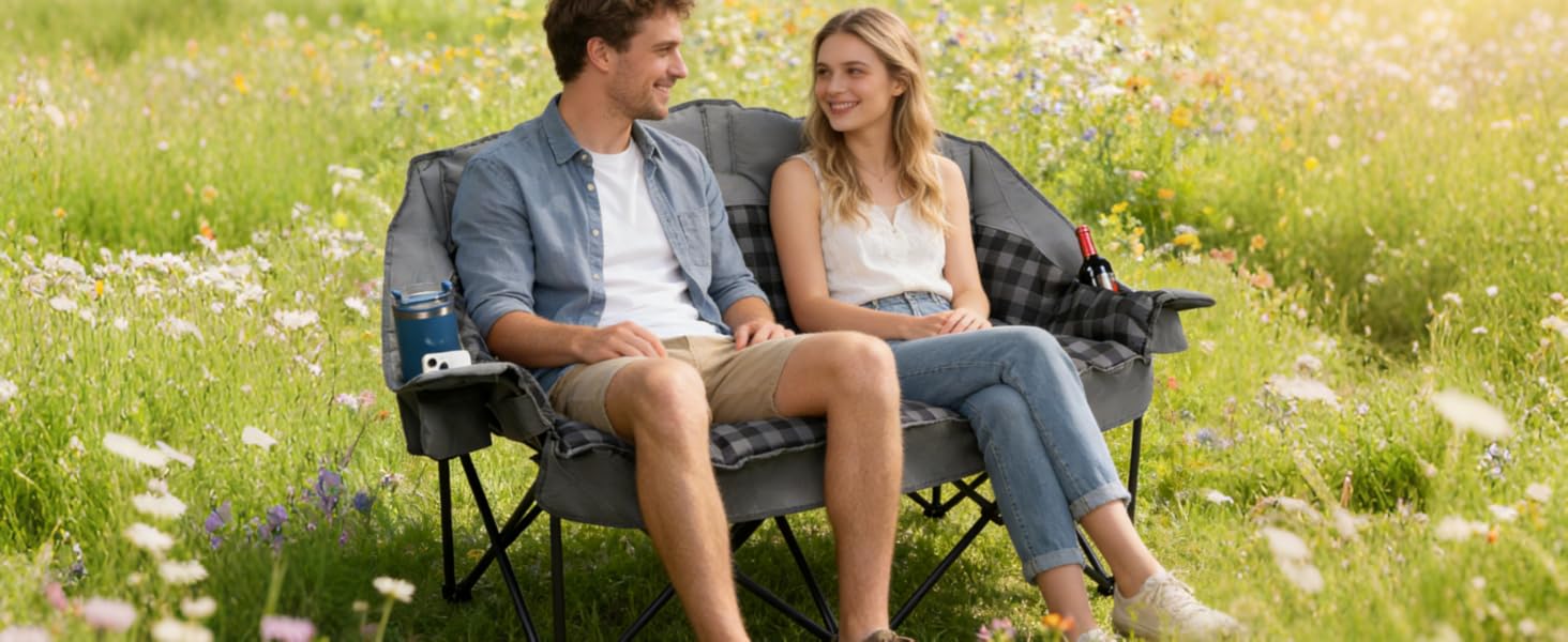 Double Camping Chair Padded Loveseat Camp Couch for Adults