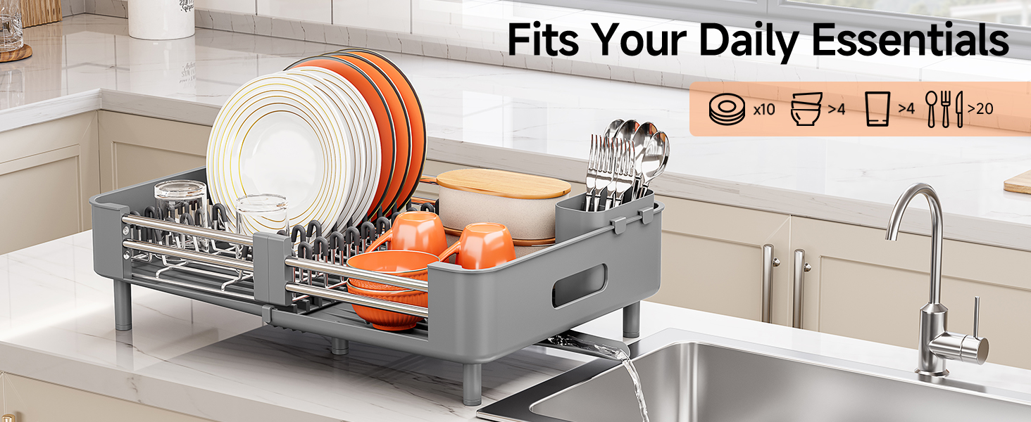 Expandable Dish Drying Rack for Kitchen Counter, Extendable Dish Rack with Drainboard