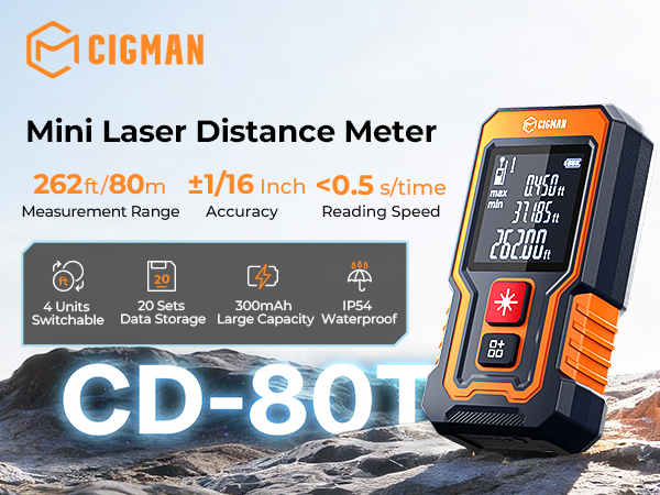 Text reads 'CIGMAN Mini Laser Distance Meter CD-801'. Digital measurement device in black and orange with LCD display showing measurement features.