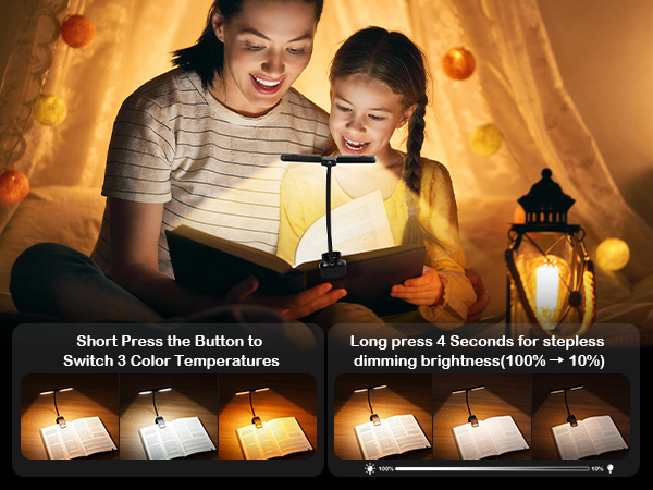 3 Color Temperatures &amp;amp; Stepless Dimming Book Light