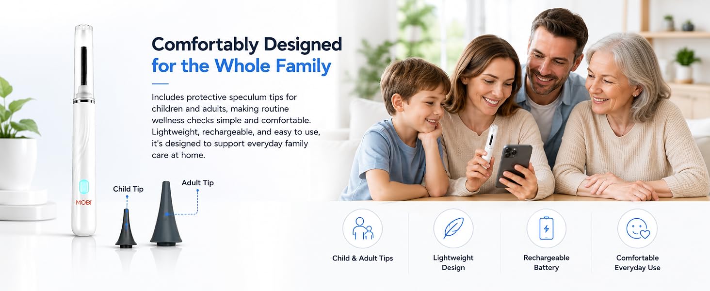 MOBI Smart Ear Camera with child and adult tips beside a family using it at home.