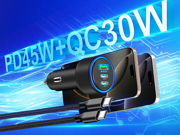 MFi Certified 3-Port 67W PD/QC Car Power Adapter USB-C Car Charger Cigarette Lighter for iPhone 17