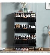 QIVOMIX Shoe Cabinet Storage,Modern Freestanding Organizer with 3 Flip Drawers,Narrow Shoe Rack C...