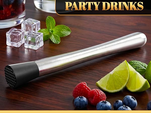 fruit smasher for drinks shown as gift with cocktail glass and wrapped present in hand