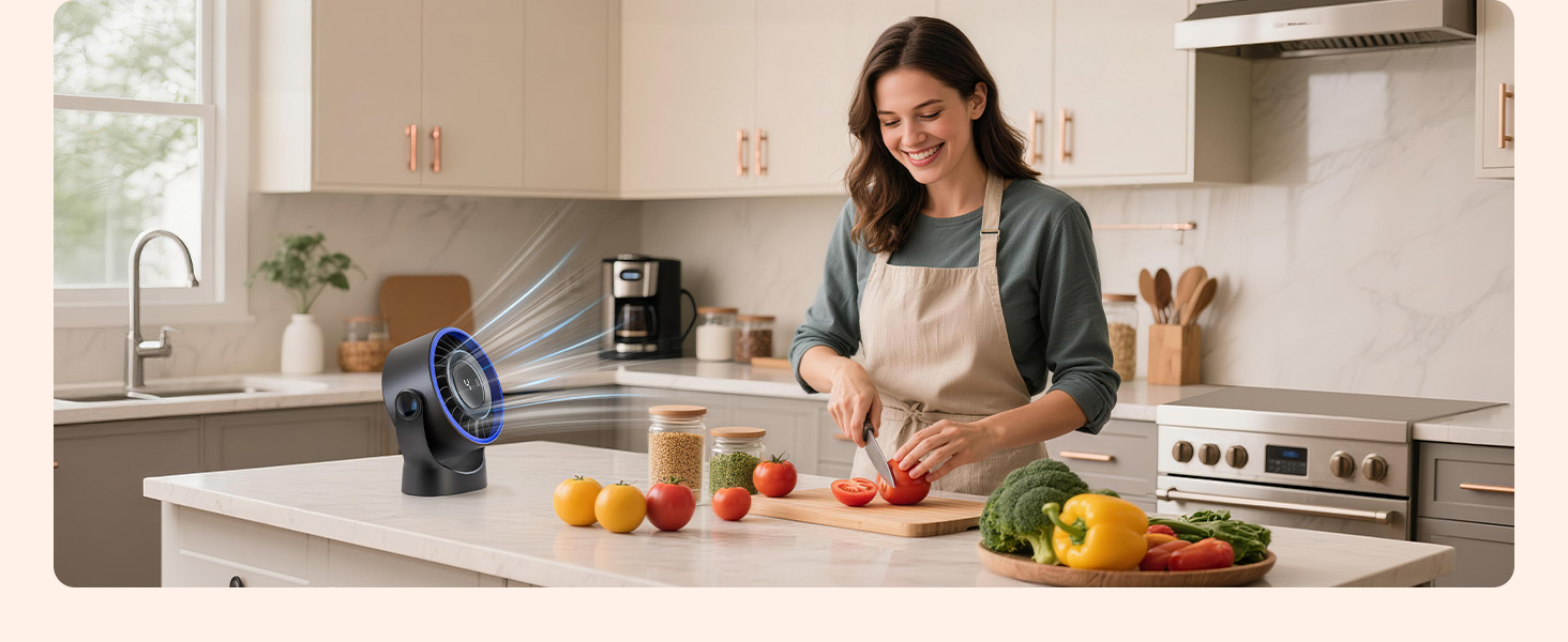 Kitchen scene showing food preparation with various fruits and vegetables on wooden cutting board and kitchen counter.