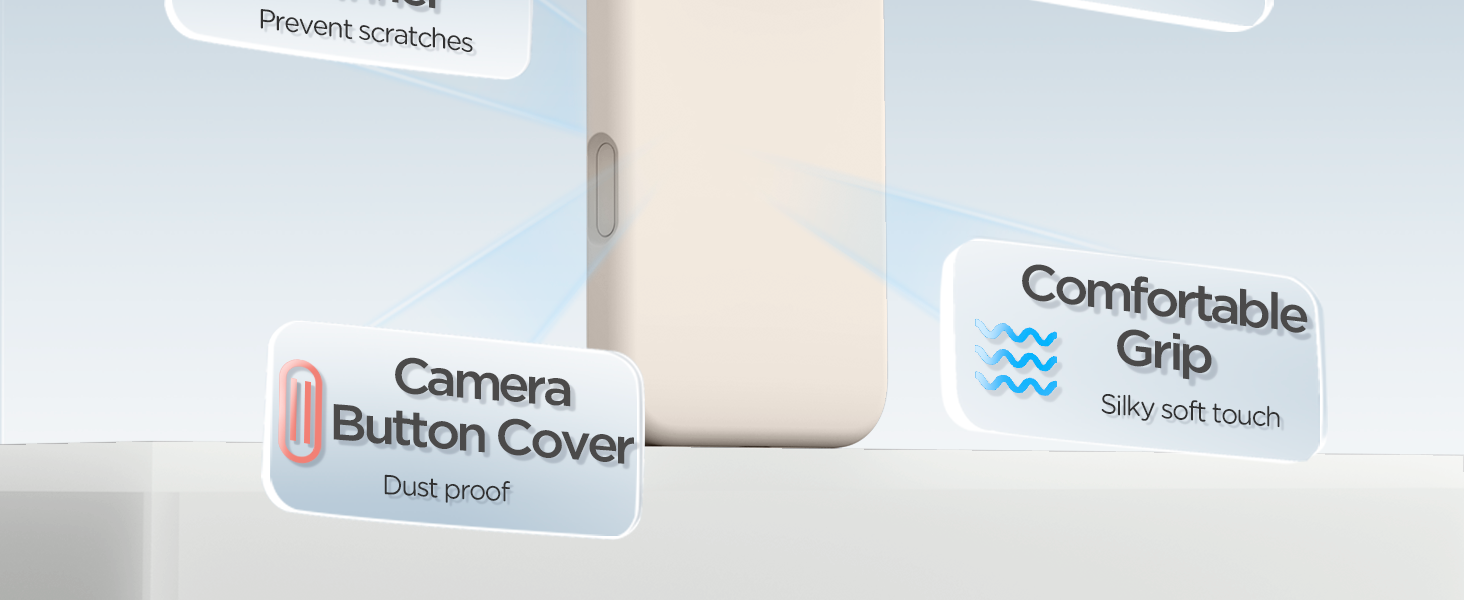 Text reads 'Comfortable Grip', 'Button Cover', and 'Camera'. Product interface or menu showing various setting options.