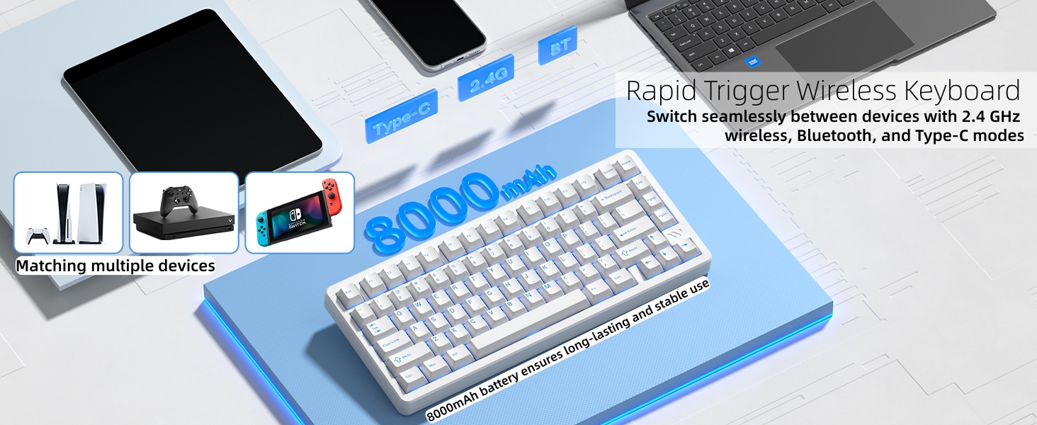 Keyboard 75%, Wireless Custom Mechanical Keyboard Rapid Trigger Hall Effect Magnetic Switch