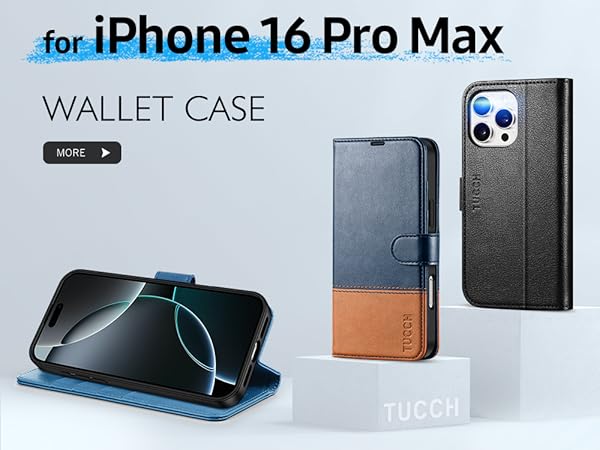TUCCH Case Wallet for iPhone 16 Pro Max Shockproof Shell Kickstand PU Leather Stand Protective Cover