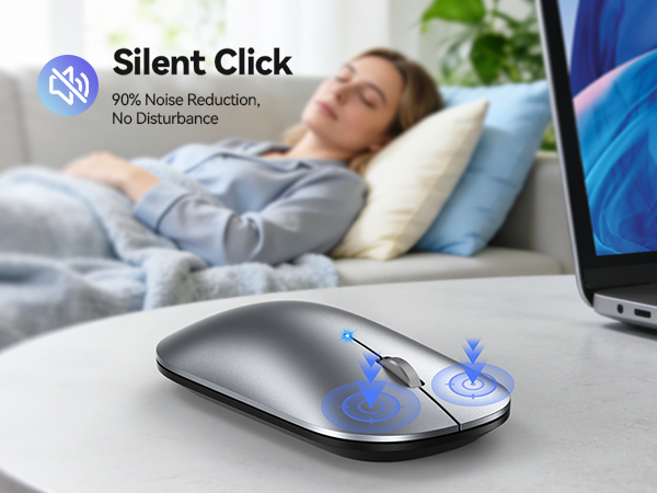 Text reads 'Silent Click'. Product demonstration of computer mouse or input device on blue surface with hand interaction shown.