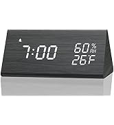 Digital Alarm Clock, with Wooden Electronic LED Time Display, 3 Alarm Settings, Humidity &amp; Temper...