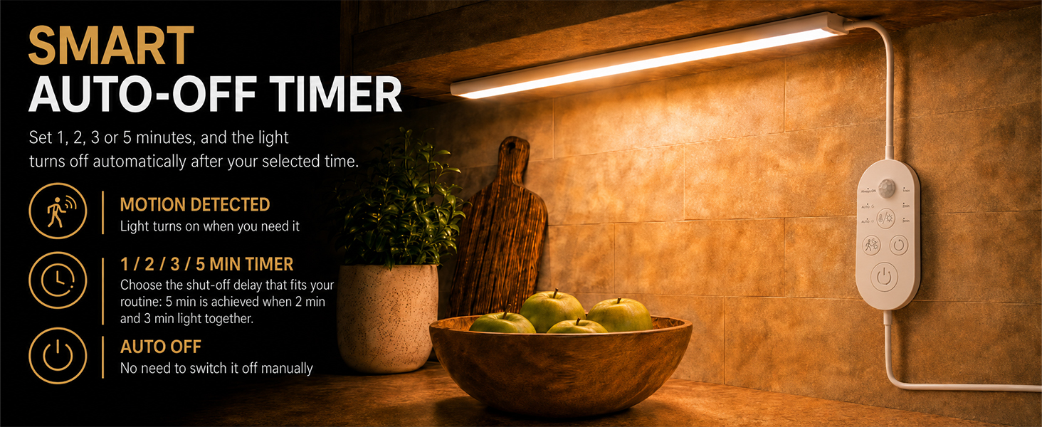 Smart auto-off timer for under cabinet lighting with adjustable delay settings