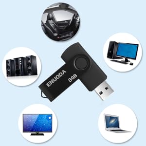 Black USB flash drive surrounded by circular inset images showing various devices like laptops and monitors, suggesting compatibility.