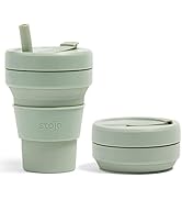 Stojo Collapsible Travel Cup With Straw - Sage Green, 16oz / 470ml - Reusable To-Go Pocket Size S...