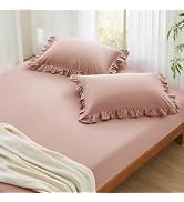 Entisn Pure Cotton Ruffle Fitted Sheet and Pillowcase Set of 3, 400 Thread Count Queen Cotton Fit...