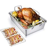 TeamFar Roasting Pan with Rack, 14 Inch Stainless Steel Turkey Roaster Lasagna Pan with V-Shaped ...
