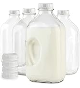 Stock Your Home Half Gallon Glass Milk Bottle with Lid (4 Pack) 64 Oz Jugs and 8 White Caps, Reus...