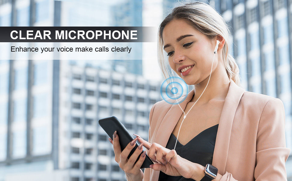 Text reads 'CLEAR MICROPHONE' and 'Enhance your voice make calls clearly'. Professional office setting showing wireless communication device usage.